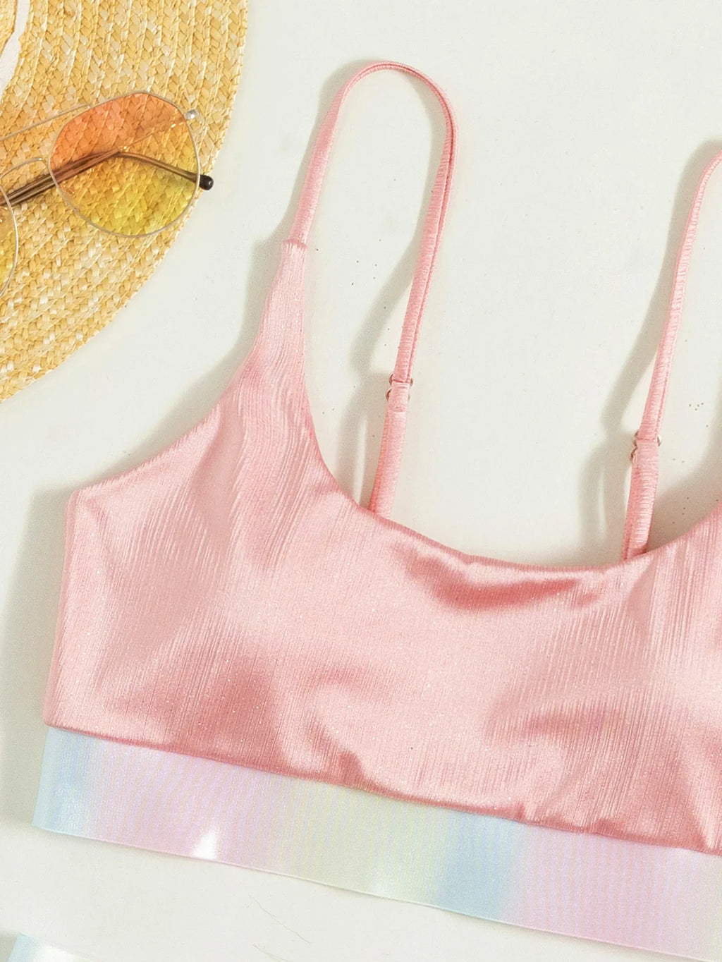 Shiny Pink Contrast Bikini Set