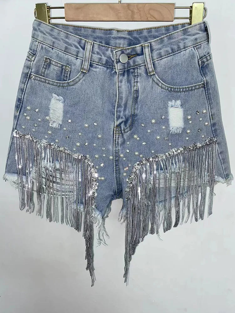 Tassel Beading High Waist Wide Leg Denim Shorts