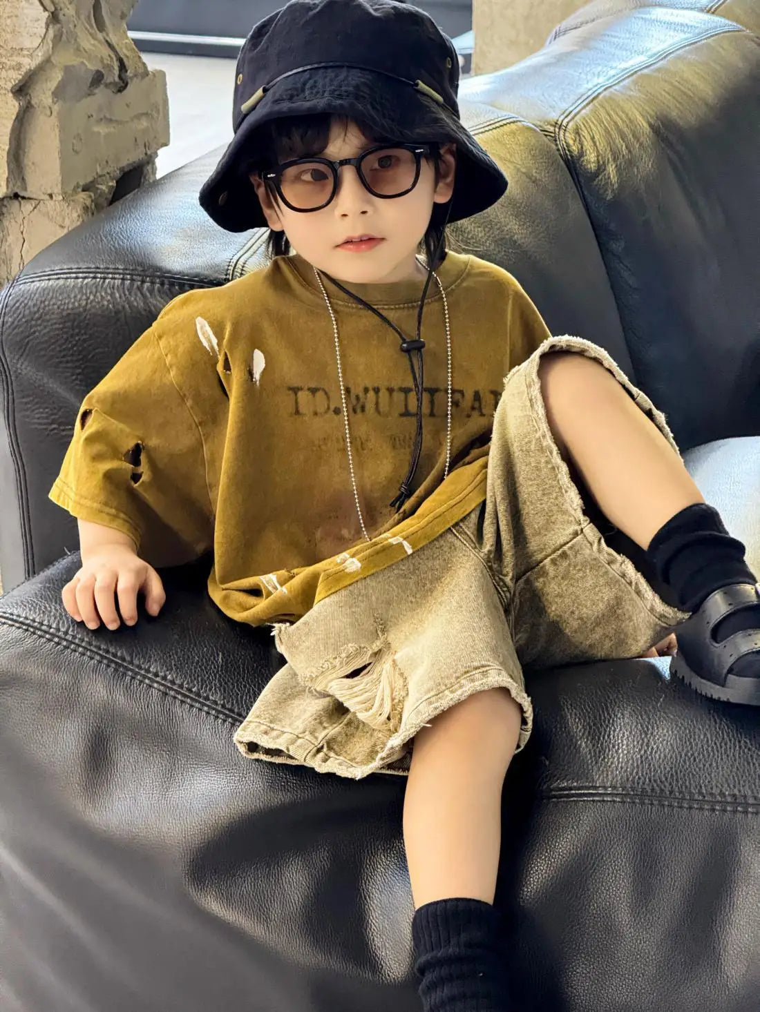 100-150cm Boys' clothing set summer new style children's ripped denim shorts tie dye short sleeved T-shirt 2-piece set