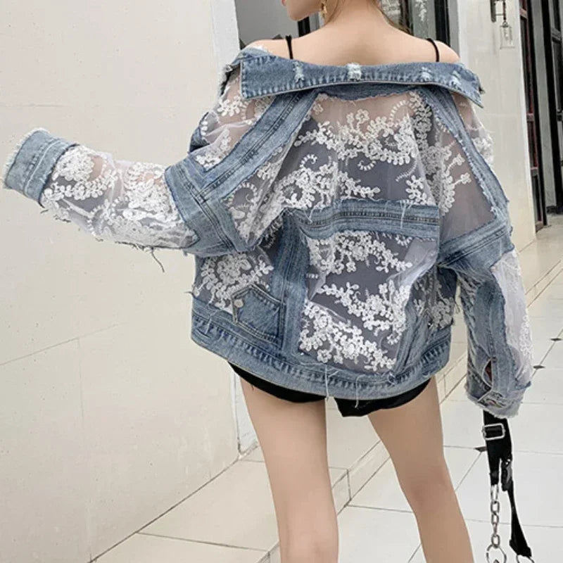 Distressed Denim Jacket with Sheer Floral Lace Panels