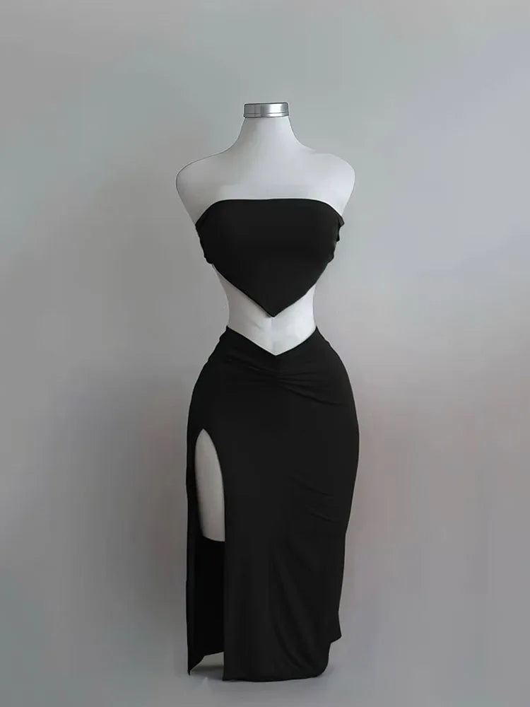 Strapless Backless Crop Top High Waist Skirt 2 Piece Set