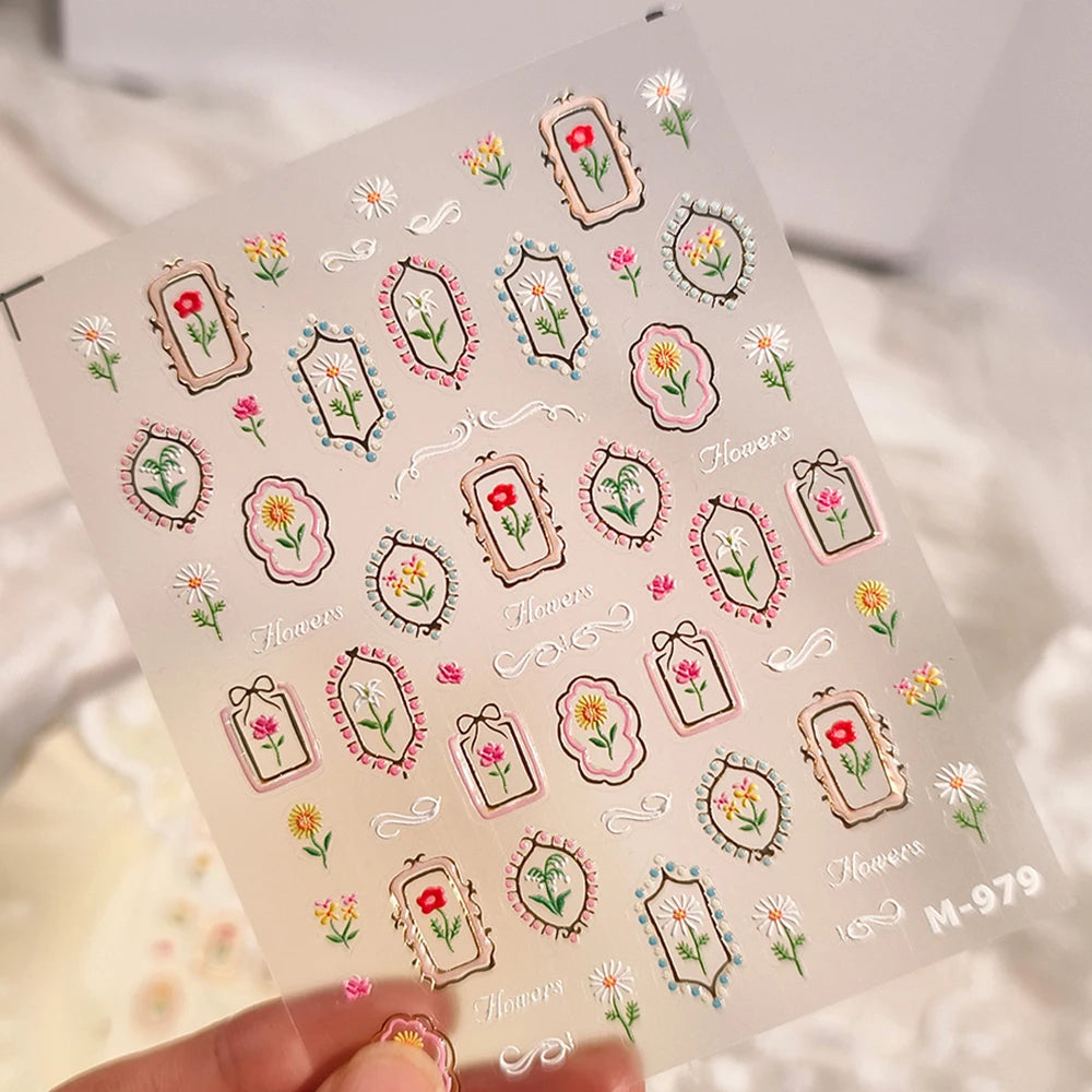 1pc Flower Nail Stickers Summer Floral Leaf Plant 5D Embossed Nail Slider Decals Self-Adhesive Nail Art Supplies Manicure Decor