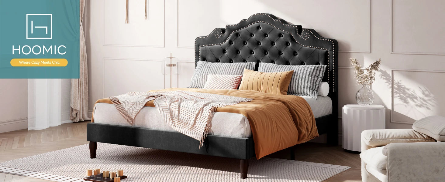 Bed Frame with Adjustable Velvet Tiara Headboard