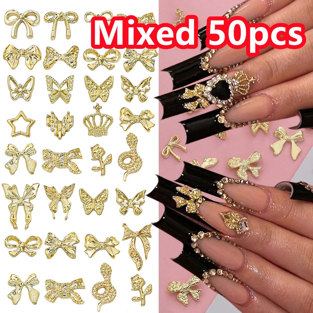 50/58Pcs Mixed Luxury Pink Crystal Butterfly/Bow Y2k Nail Charms 3D Metal Silver Alloy Nail Art DIY Sweet Pink Manicure Jewelry