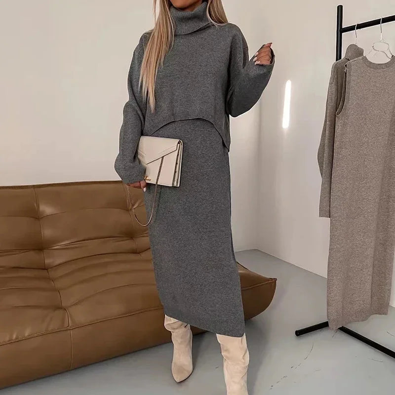 Solid Turtleneck Knitted Set