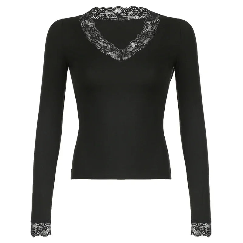 Lace Patchwork Black Skinny Elegant T-Shirt