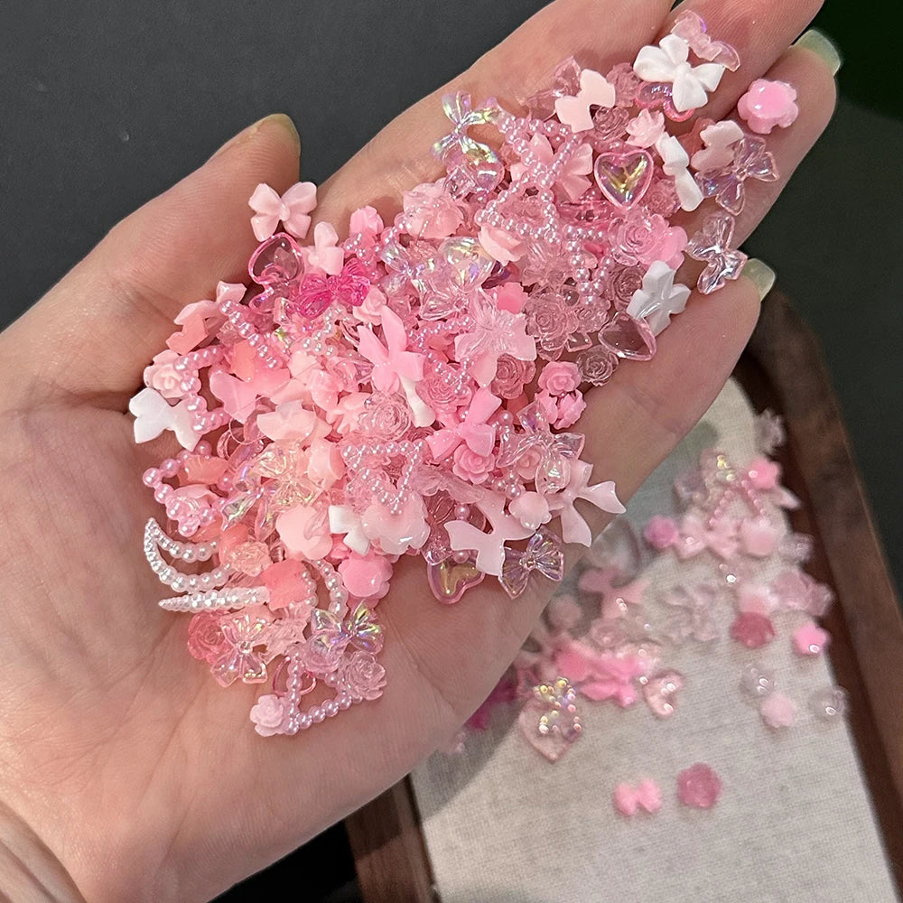 50pcs 3D Kawaii Pink Bow Pearl Nail Rhinestone Mixed Resin Star Moon Heart Flower Gems Nail Charms Y2K Bowknot Nail Art Decorati
