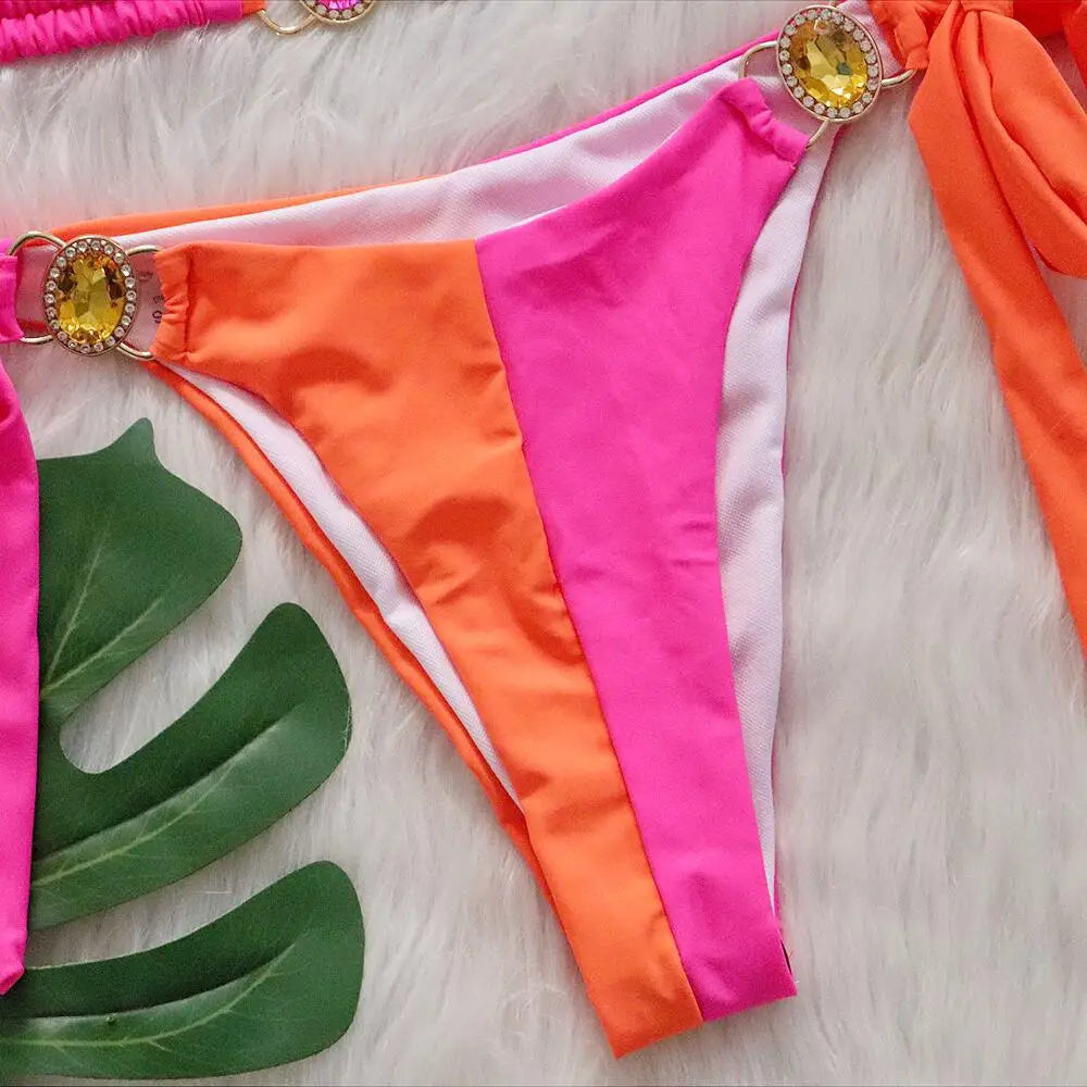 Rhinestones Splicing Bikini Set