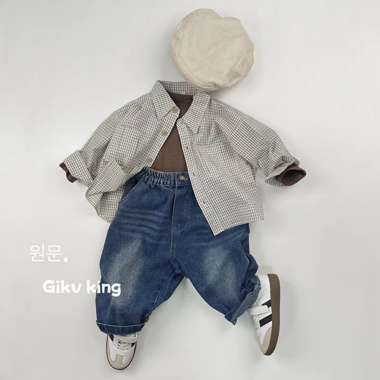 2025 Spring New Children Long Sleeve Lapel Plaid Shirts Infant Boys Vintage Casual Coat Toddler Girls Pocket Tops Kids Clothes