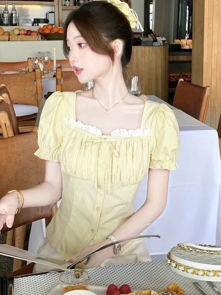 Zoki Sweet Yellow Striped Shirt Women Casual Vintage Square Collar Slim Blouse Korean Preppy Style Puffy Sleeve Elegant Tops New