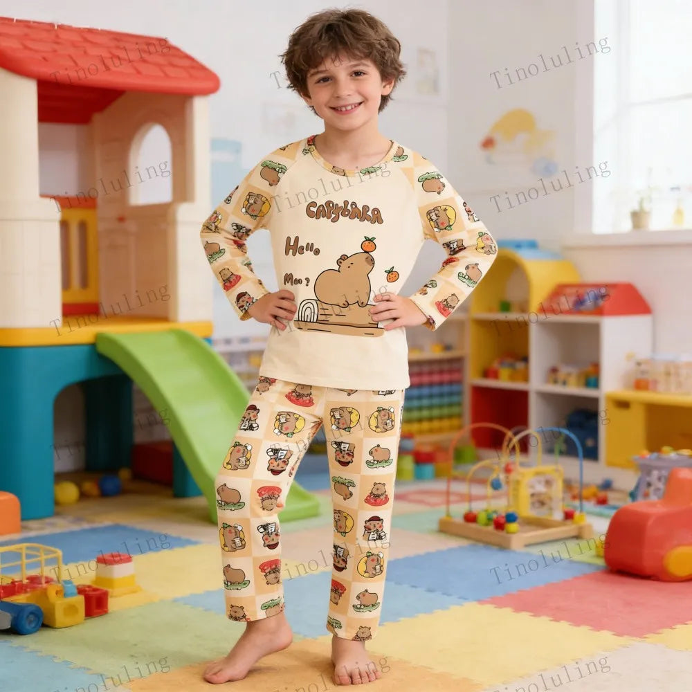 2PC/Set Boys Pajamas Sets Kids Pjs Toddler 3 to 4 5 6 7 8 9 10 11 12 Years Long Sleeve Capybara Funny Pijamas Children Clothing