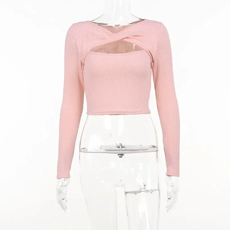 Hollow Out Sexy Long Sleeve Top for Women Spring Mesh Red Short Fitting Knit Sweater  Winter Thin Tops Sweet E8FH