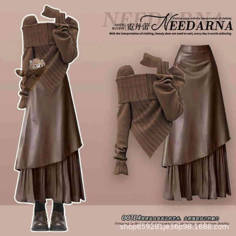 Scarf Slim Knitted Sweater+Irregular Half Skirt Two Piece Set