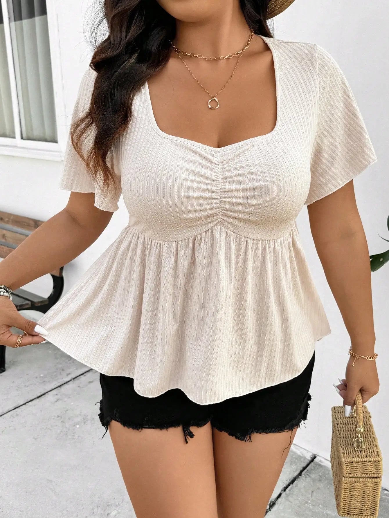 Ruched Bust Flutter Sleeve Babydoll Blouse