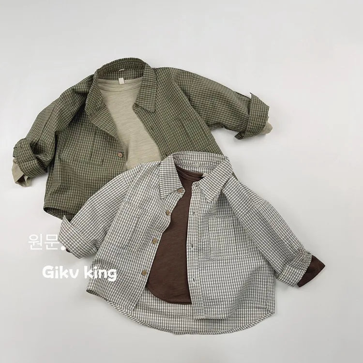 2025 Spring New Children Long Sleeve Lapel Plaid Shirts Infant Boys Vintage Casual Coat Toddler Girls Pocket Tops Kids Clothes