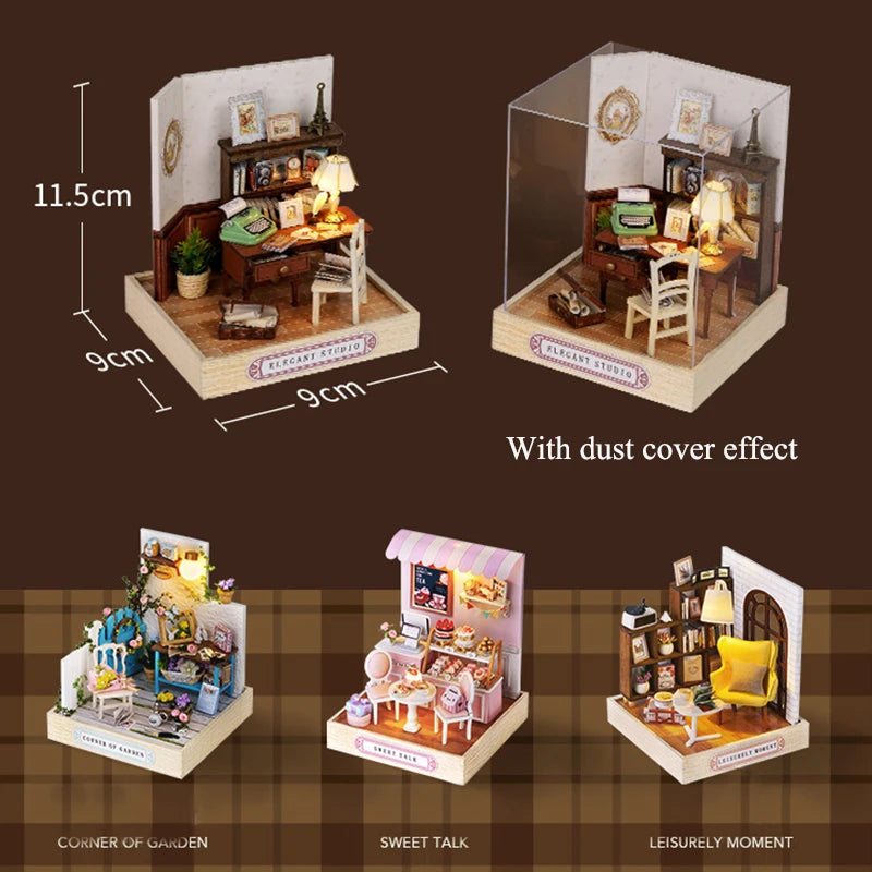 Wooden Miniature Doll House DIY Handmade Assembly Model Building Kit With Dust Cover