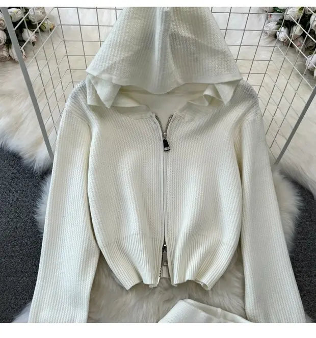 Zipper Hooded Slim Fit Knitted Sweatshirt Set