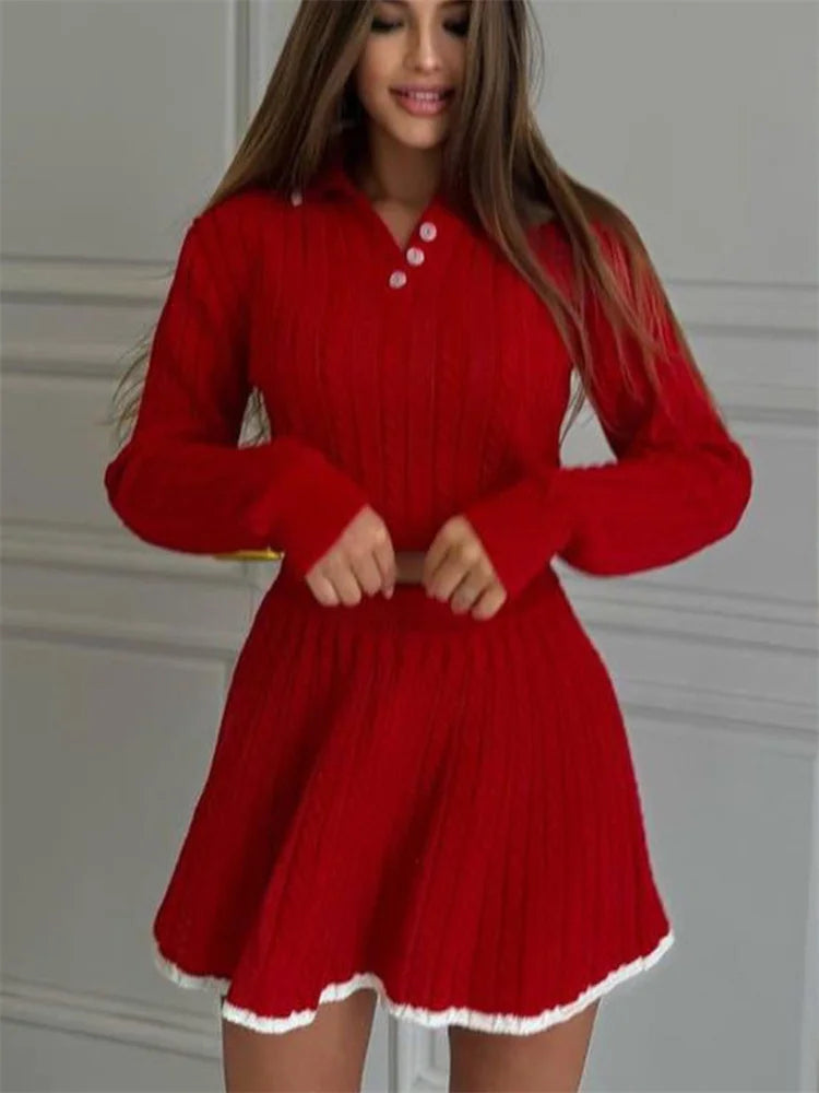 Patchwork Contrast Long Sleeve Lapel Pullover And High Waist Mini Skirt Outfit