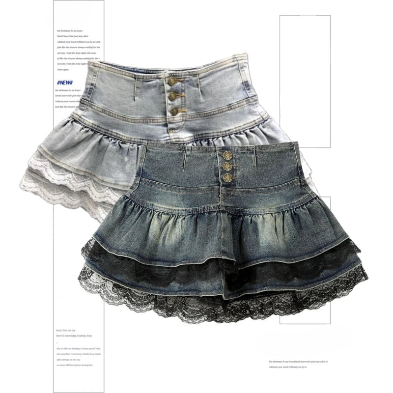 Denim Pleated Skirt Lace Fold Design A-line Short Skirt Built in Shorts