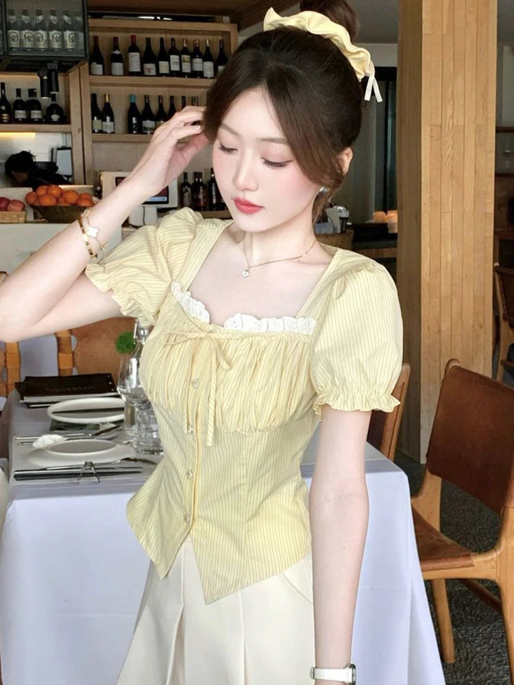 Zoki Sweet Yellow Striped Shirt Women Casual Vintage Square Collar Slim Blouse Korean Preppy Style Puffy Sleeve Elegant Tops New