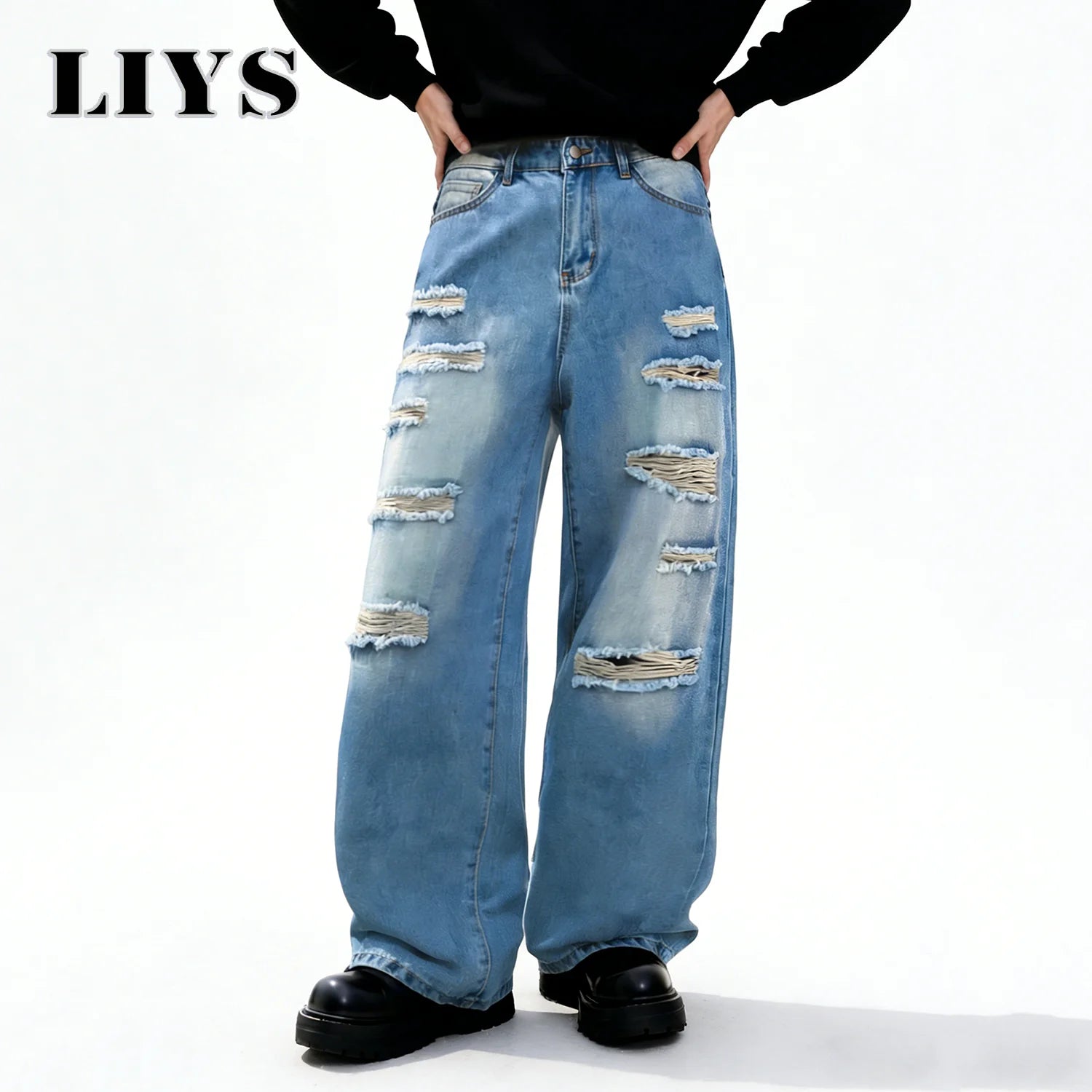 Retro Black Baggy Wide Leg Ripped Jeans