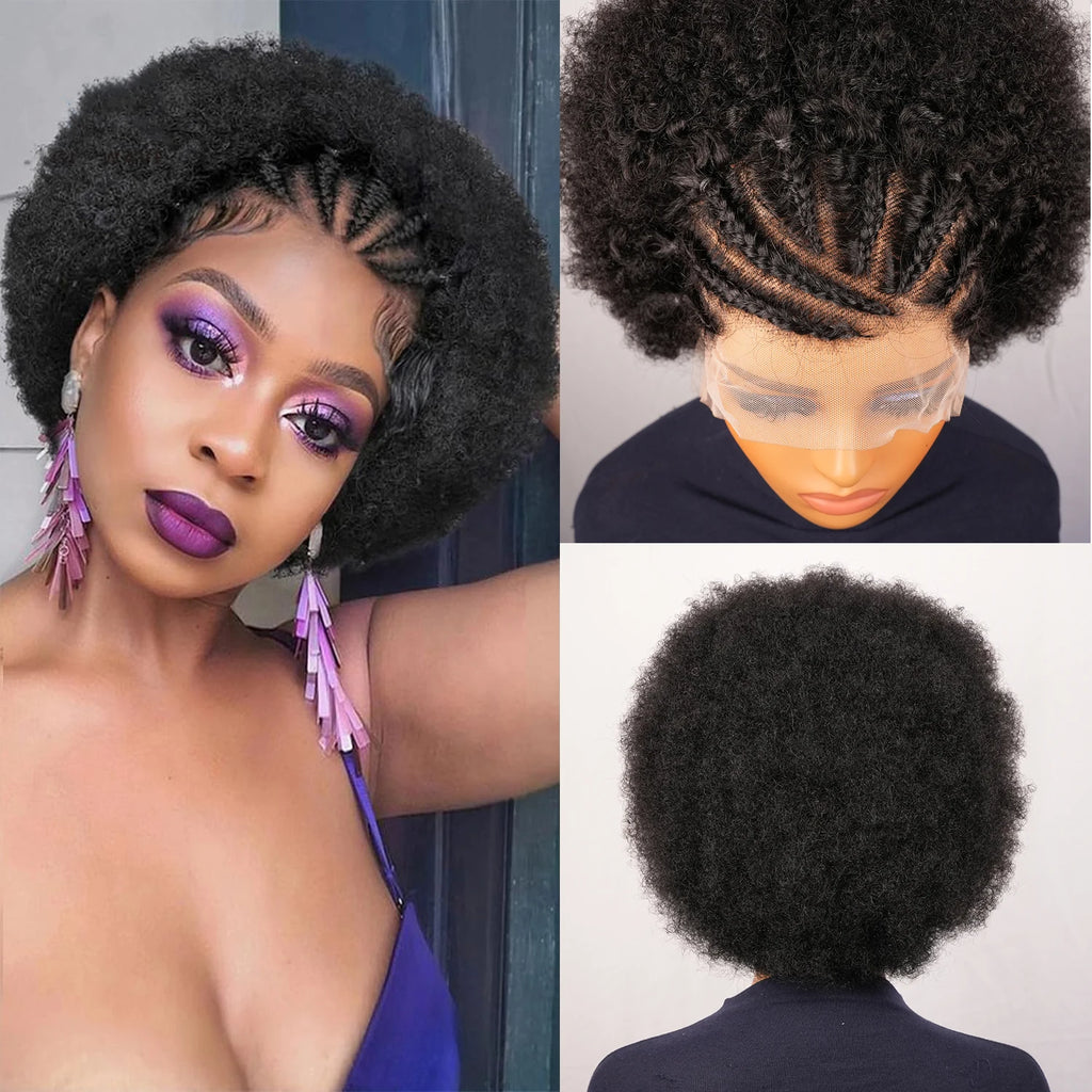 Short Afro Kinky Curly Bob Lace Front Braided Wig