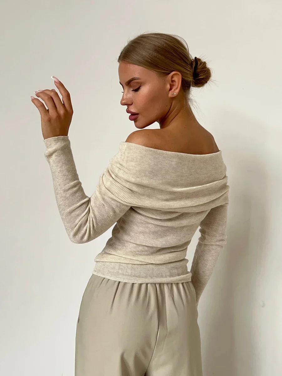 Women Knitted Wool T-shirt Slim Fit Long Sleeve Autumn Winter Chic Off Shoulder Basic Sweater Streetwear Pullovers