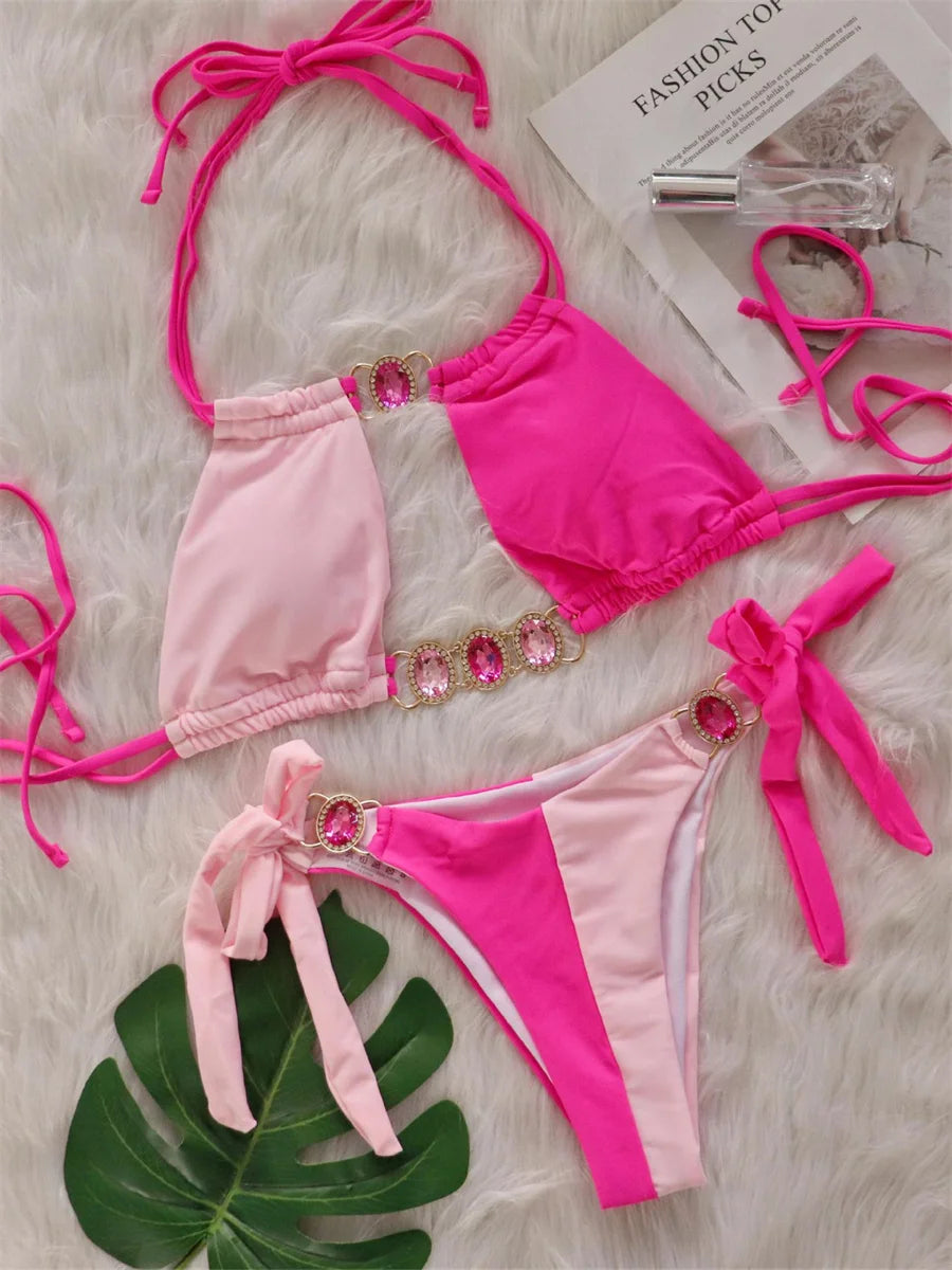 Rhinestones Splicing Bikini Set