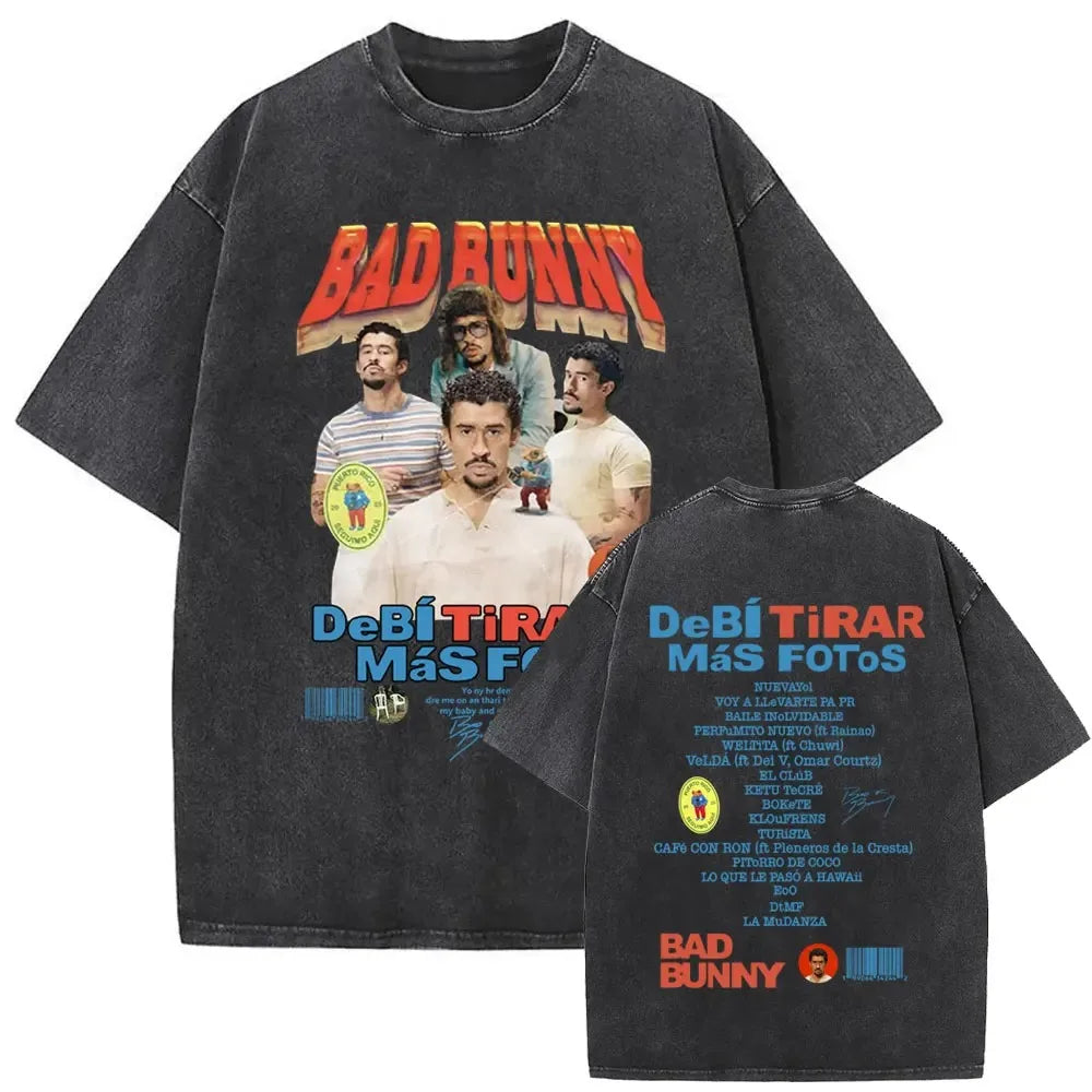 Washed Vintage Rapper Bad Bunny DeBi TiRAR MaS FOToS DTMF Print T-Shirt