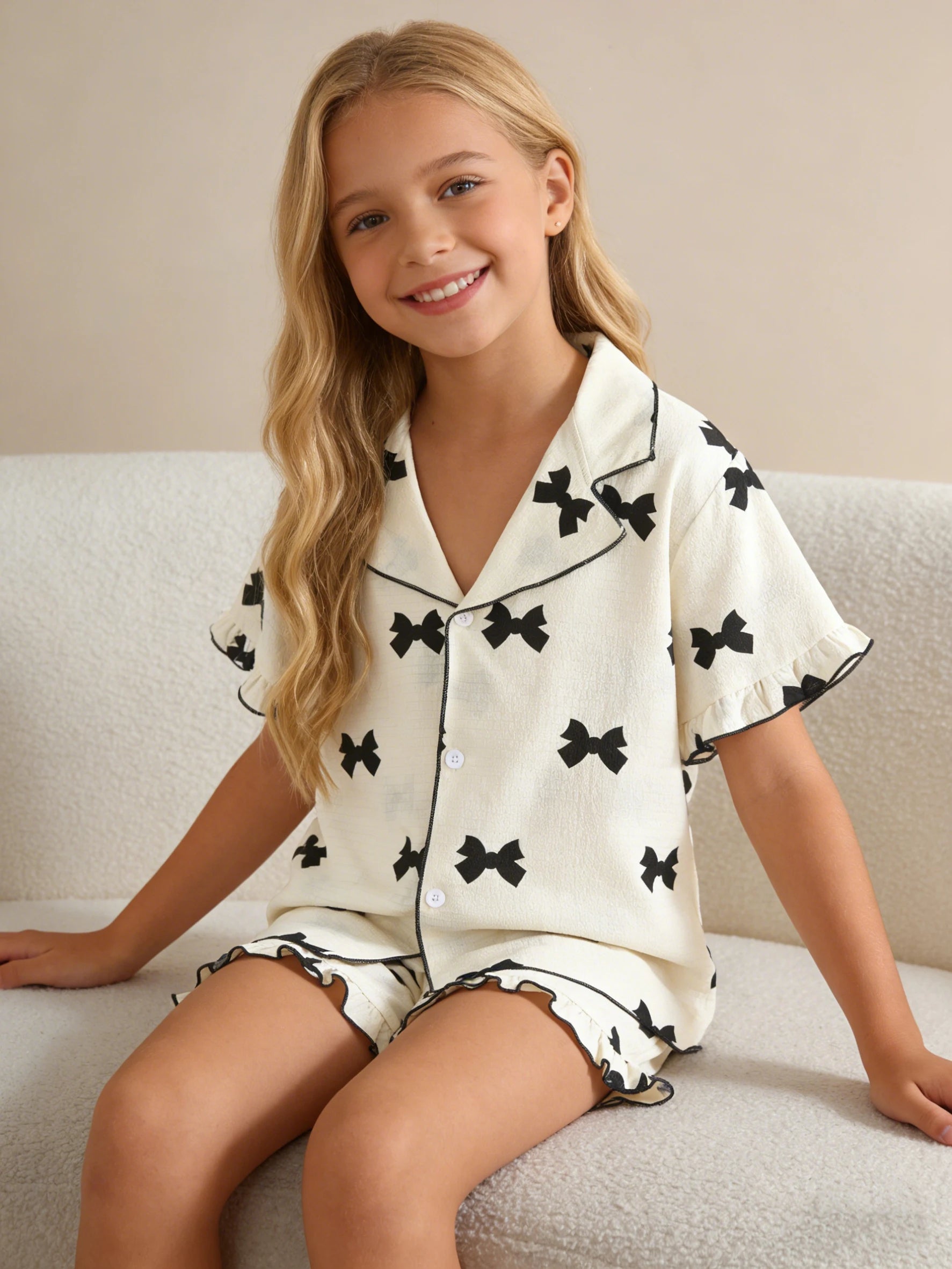 Little girl's summer home clothes, girls bow-tie cardigan button short-sleeved top shorts, suitable for casual wear at home