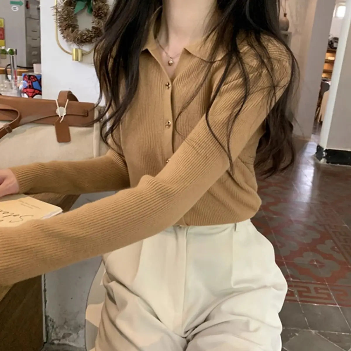 Autumn Elegant Fashion Solid Knit Cardigan Women Clothing Chic Turn-down Collar Long Sleeve Sweater All-match Elegant Button Top