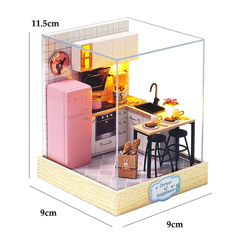 Wooden Miniature Doll House DIY Handmade Assembly Model Building Kit With Dust Cover