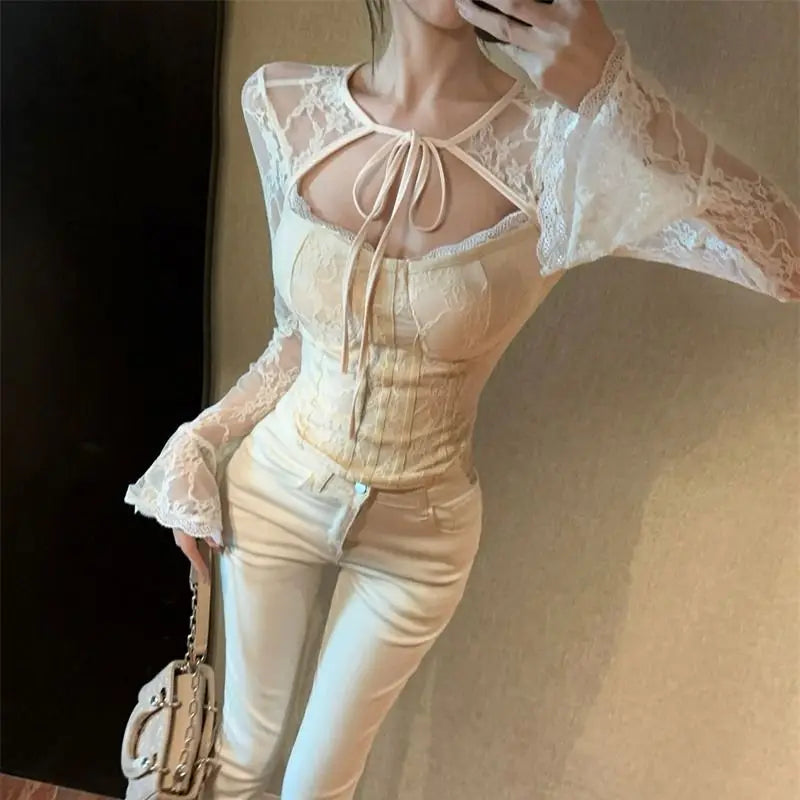 Square Neck Long-sleeved Lace Shirt