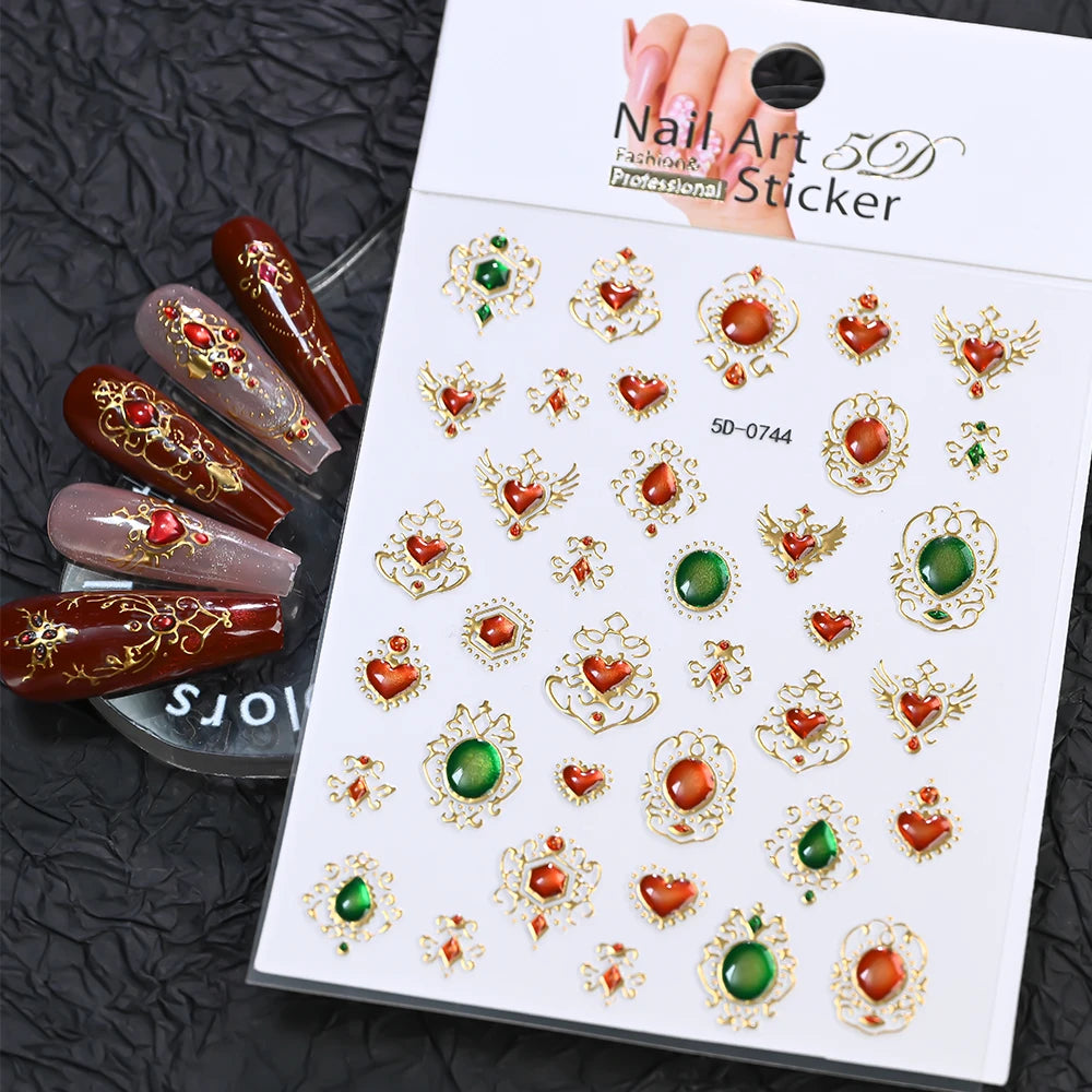 5D Embossed Emerald Gemstones Nail Art Stickers