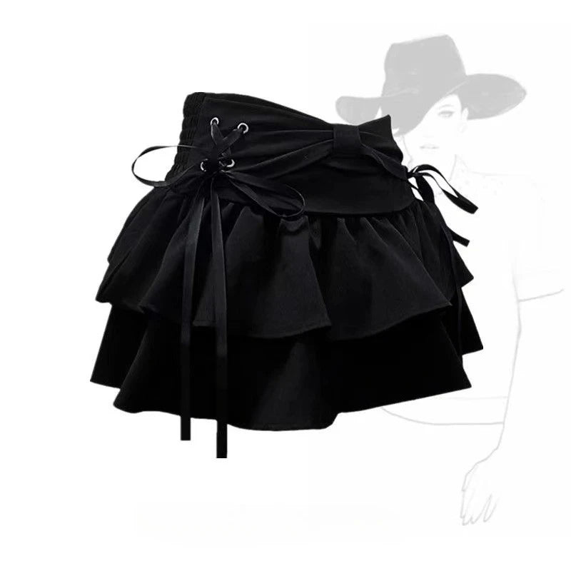 Denim Pleated Skirt Lace Fold Design A-line Short Skirt Built in Shorts