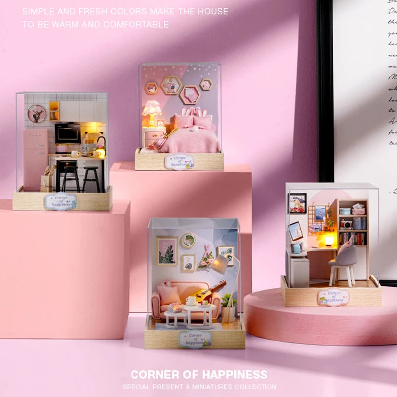 Wooden Miniature Doll House DIY Handmade Assembly Model Building Kit With Dust Cover