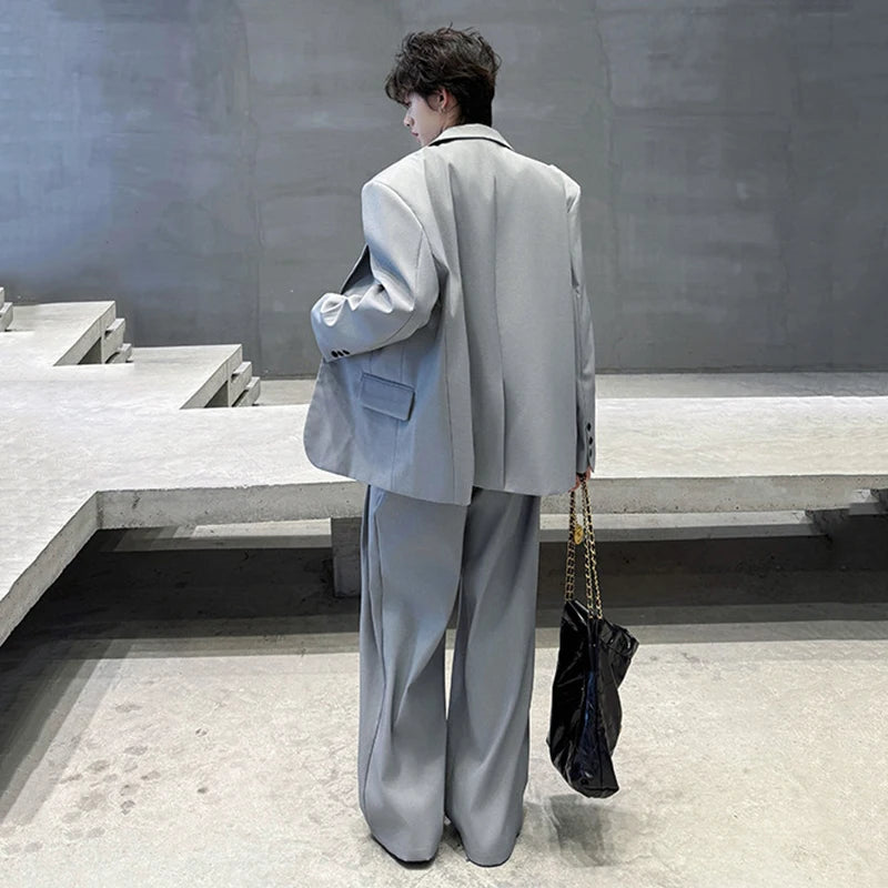 Two-Piece Single Breasted Casual Shoulder Pad Blazer Straight Suit