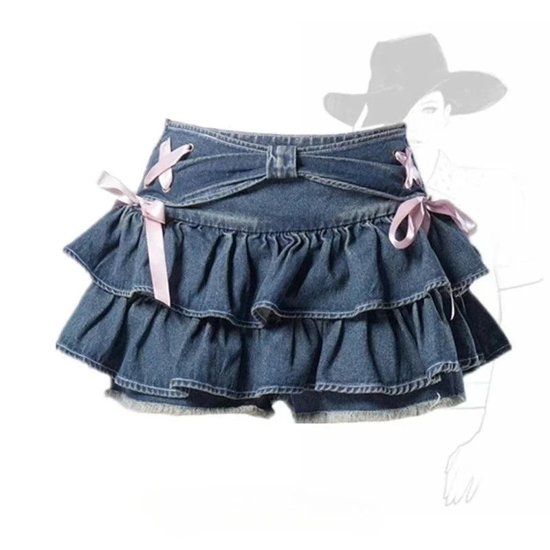 Denim Pleated Skirt Lace Fold Design A-line Short Skirt Built in Shorts
