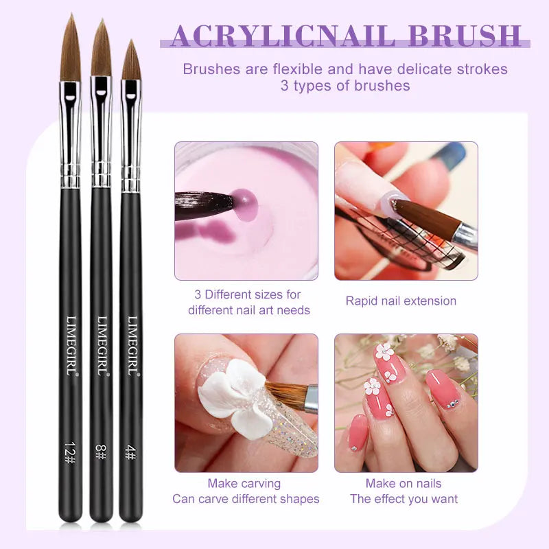 LIMEGIRL Nail Acrylic Powder and Liquid Monomer Nails Art Decoration Kit Crystal Nail Glitter 3D Nail Tips Carving Tools