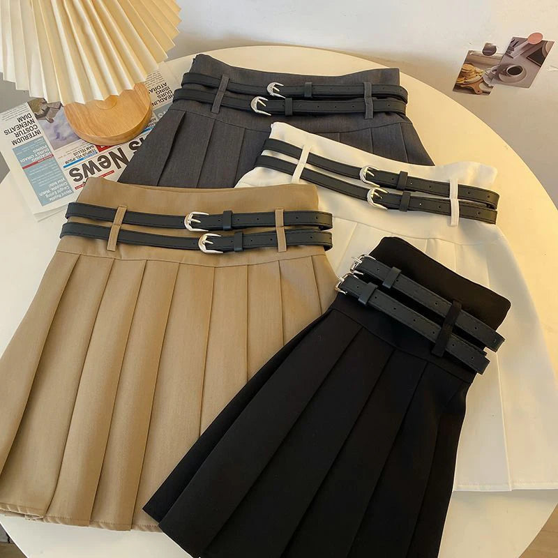 Double Belt Pleated Skirt