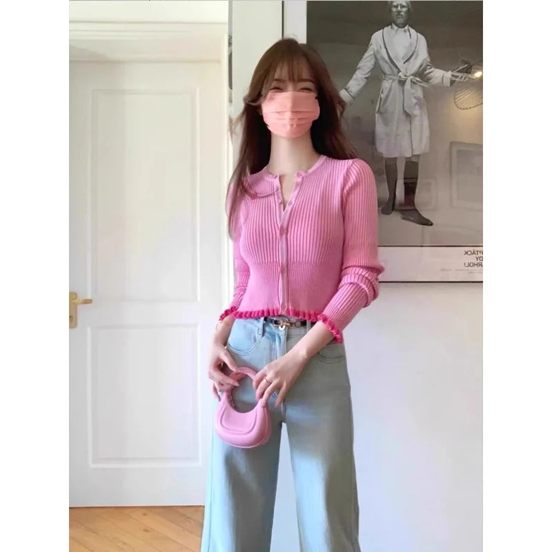 Women Clothing Knitting Cardigan Coat Spring Autumn New Sweet O-neck Long Sleeve All-match Sweater Casual Ruffles Slim Top Tee