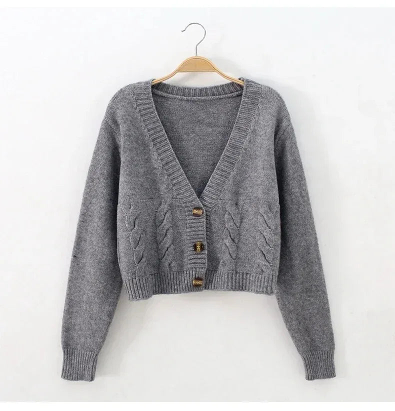 V Neck Cropped Cardigan Women Long Sleeve Twist Knitted Sweater Coats Autumn Winter Keep Warm Korean Fashion Jacket Cardigan
