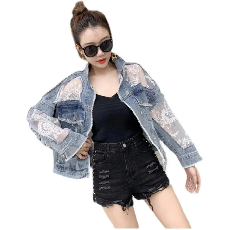 Distressed Denim Jacket with Sheer Floral Lace Panels