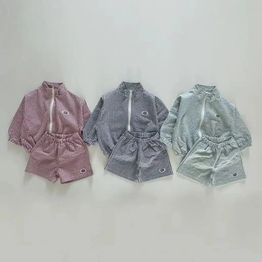 Children's Plaid Loose Coat New 0-5Y Boys Long Sleeve Sunscreen Jacket +shorts Girls Zippered Jacket Top Shorts Sun Proof Sets