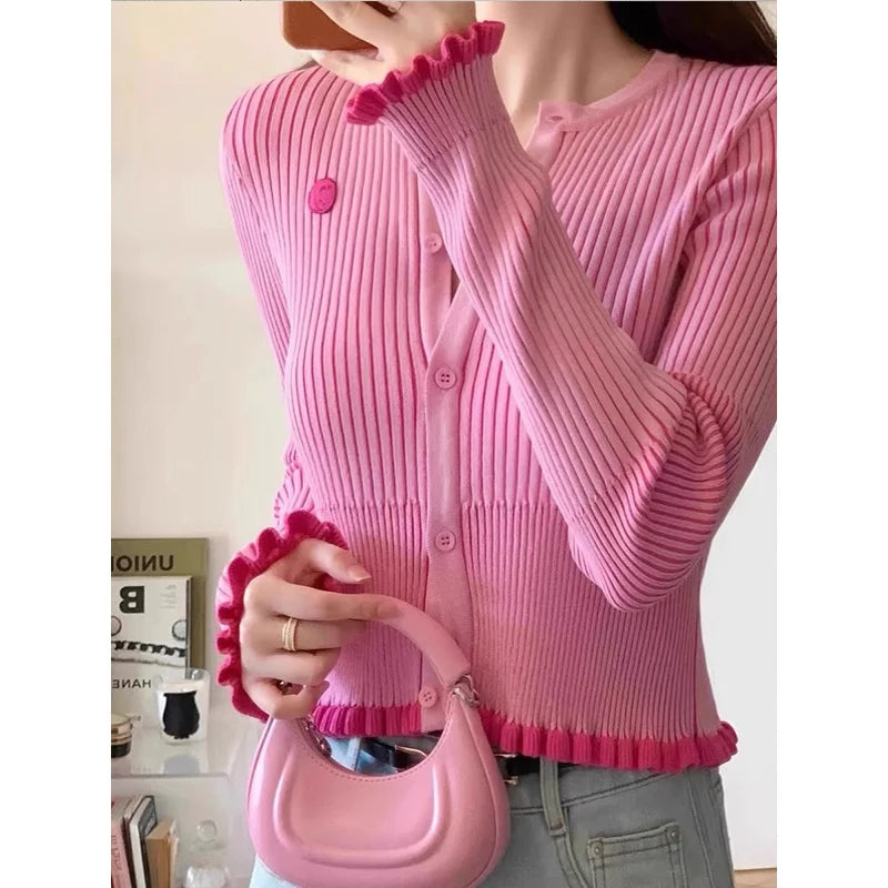 Women Clothing Knitting Cardigan Coat Spring Autumn New Sweet O-neck Long Sleeve All-match Sweater Casual Ruffles Slim Top Tee