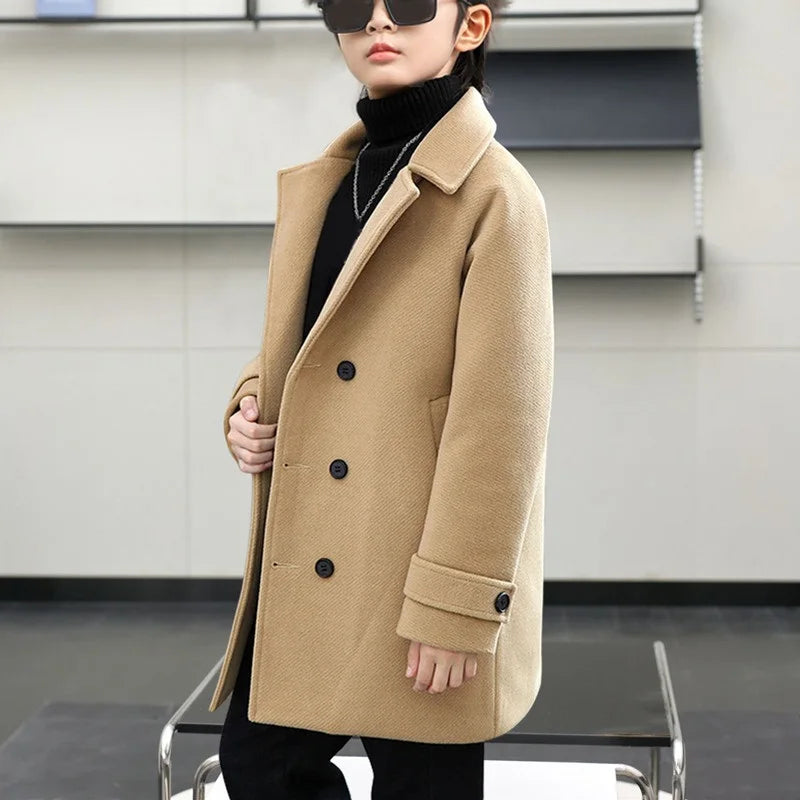 Boys Autumn Winter Double-breasted Coat Kids Solid Woolen Jacket Children Outerwear Toddler Teenager Overcoat 6 8 10 12 14 Years