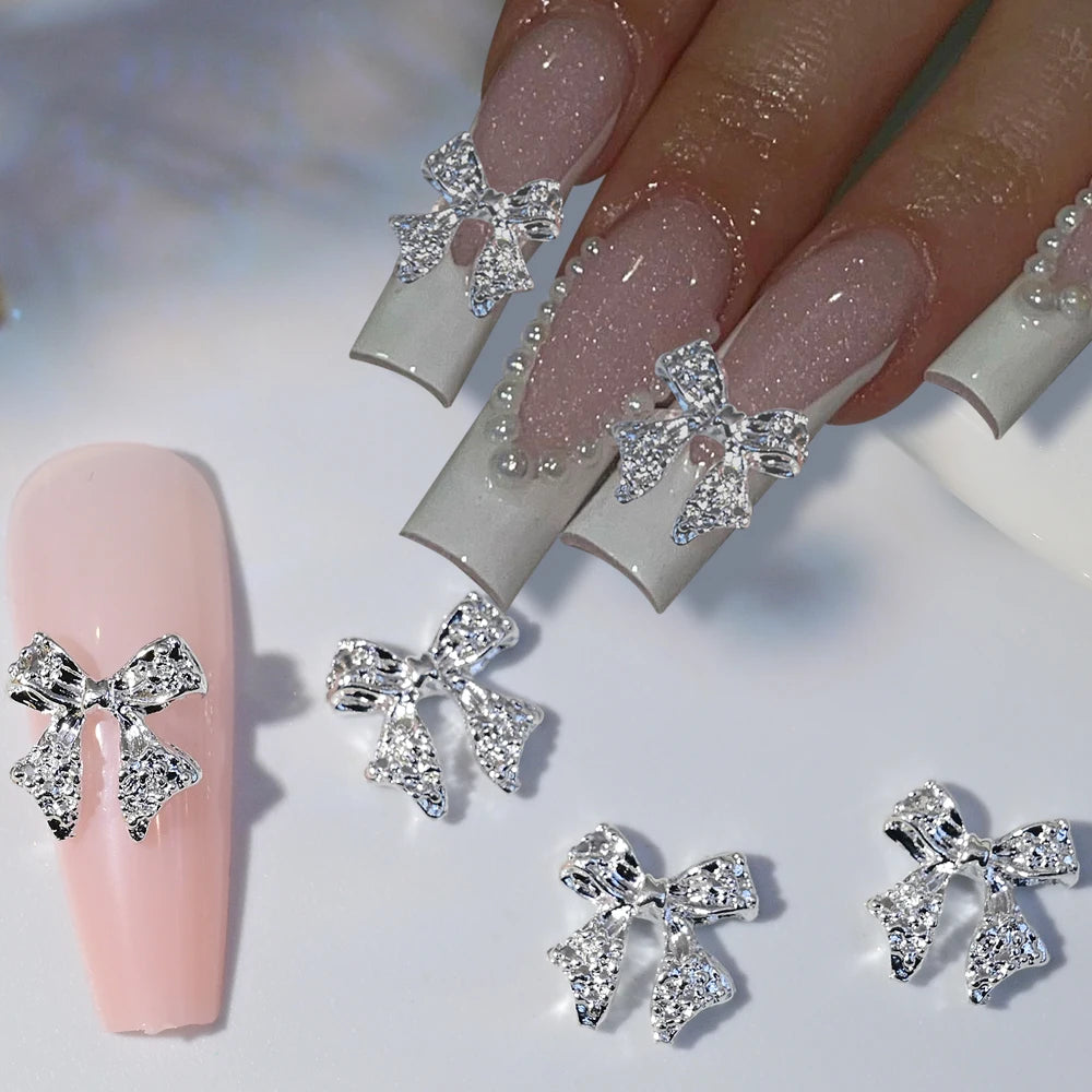 50Pcs Gold/Silver Metal Alloy Ribbion Bowknot Nail Charms 10x11mm Alloy Bowknot Nail Art 3D Luxury Metal Bow Manicure Parts