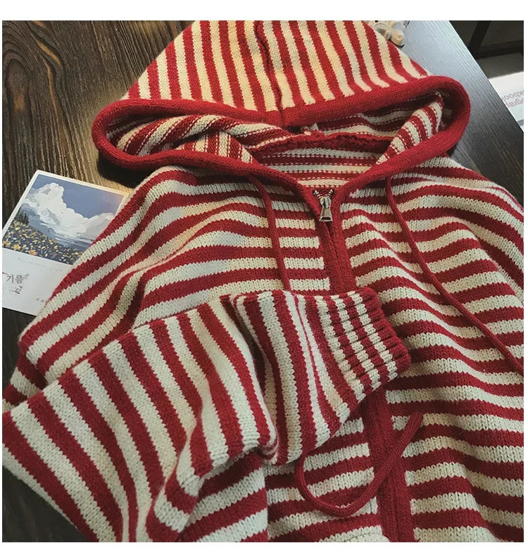 Contrast Color Stripe Hood Knit Cardigan Women Autumn and Winter New Loose Design Sense Long Sleeve Cardigan Sweater Outerwear