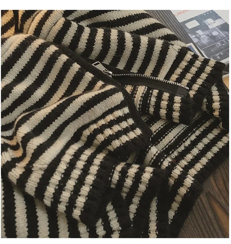 Contrast Color Stripe Hood Knit Cardigan Women Autumn and Winter New Loose Design Sense Long Sleeve Cardigan Sweater Outerwear