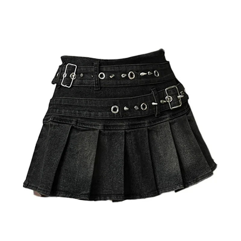 Denim Pleated Skirt Lace Fold Design A-line Short Skirt Built in Shorts